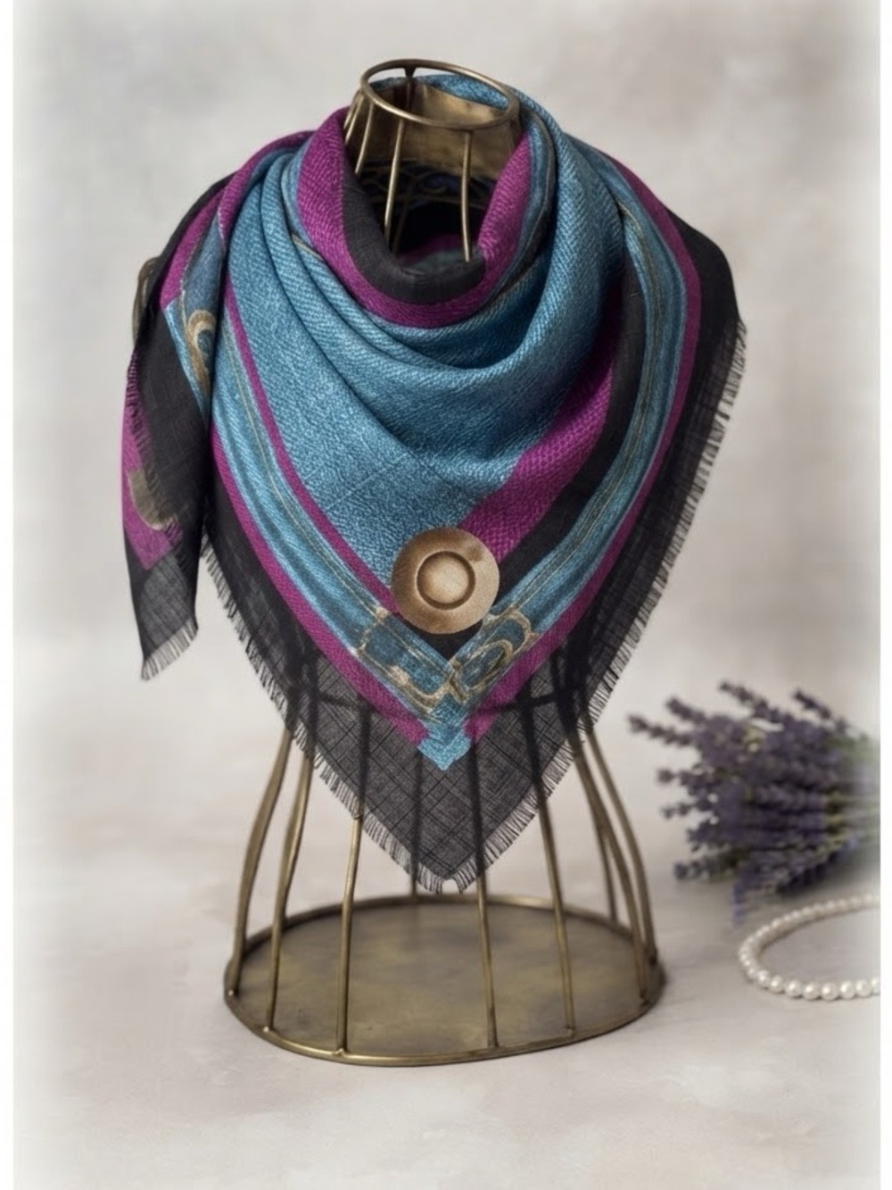 Ezgi Blue & Black Abstract Geometric Print Lightweight Scarf